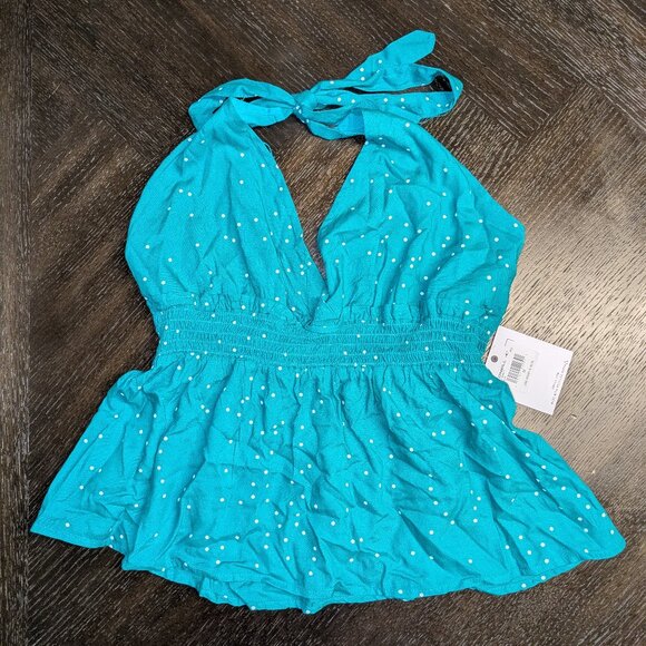 O’Neill Teal & White Polka Dot Halter Top - NWT, Size M - Picture 1 of 4
